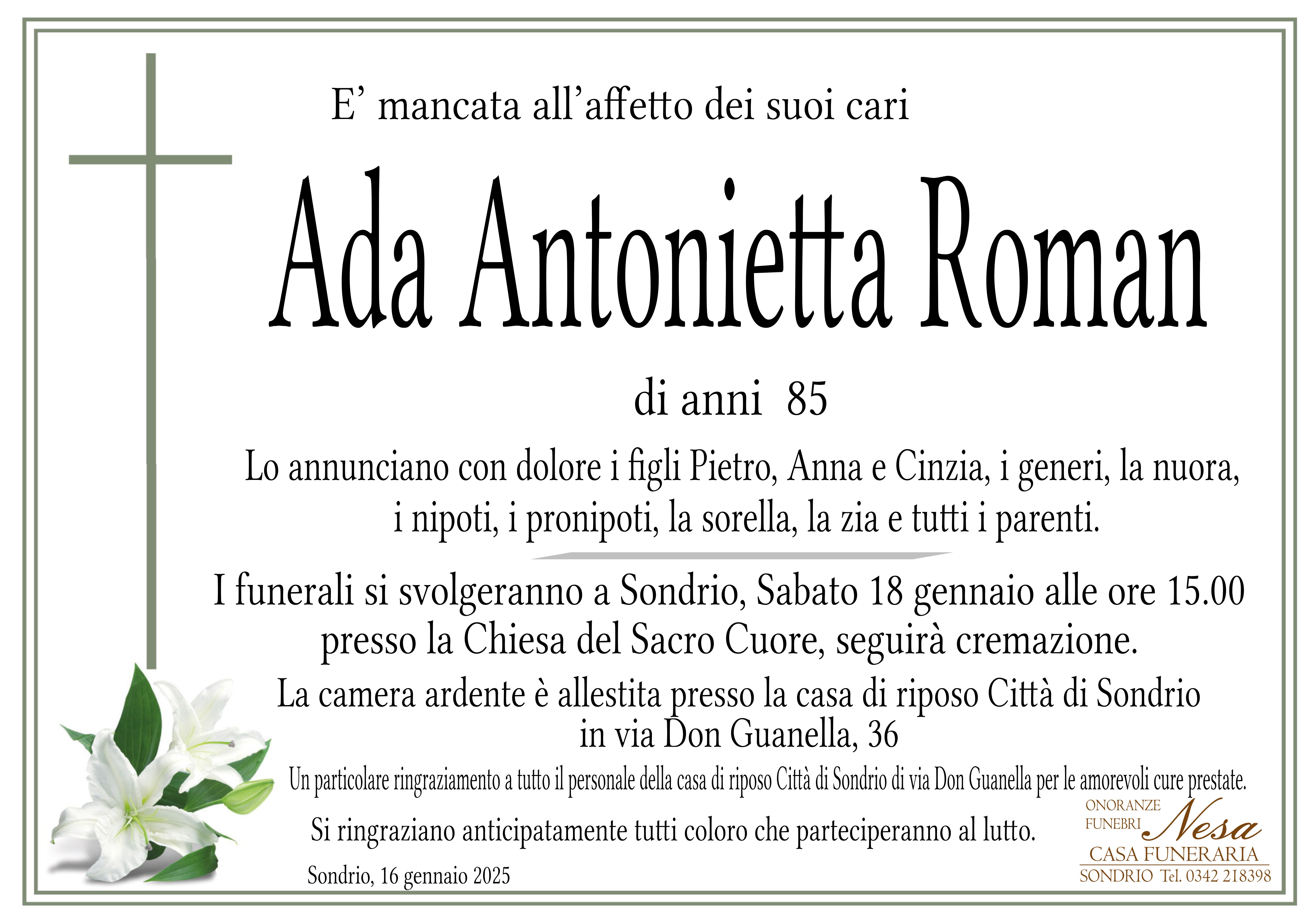 Necrologio ADA ANTONIETTA ROMAN